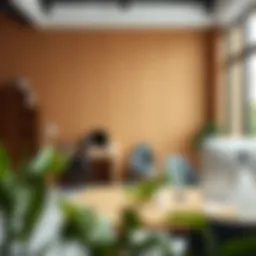 A modern workspace featuring gray cork board tiles