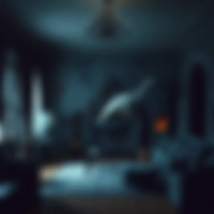 Eerie Indoor Decor Eerie indoor decor showcasing a haunted living room with thematic elements