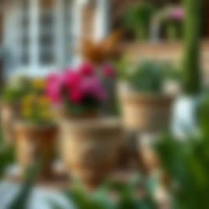 A beautifully arranged garden featuring various sizes of decorative planters