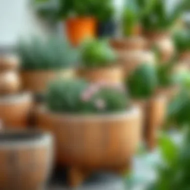An array of wooden pots with a rustic finish, perfect for natural landscaping
