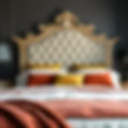 Elegant king bed with ornate headboard and plush bedding
