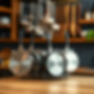 Showcasing Culinary Tools with Style Variety of pans elegantly displayed on a stylish pan rack