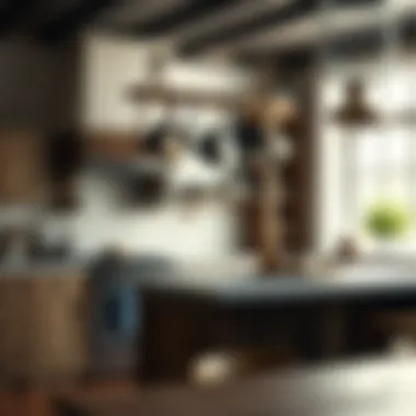 Rustic Charm with Wooden Pan Racks Rustic kitchen featuring a wooden pan rack above the island
