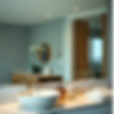 Close-Up of Large Bathroom Mirror Reflection Close-up of a large bathroom mirror reflecting decor