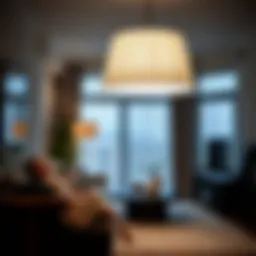 Elegant long paper lamp shade illuminating a cozy living room