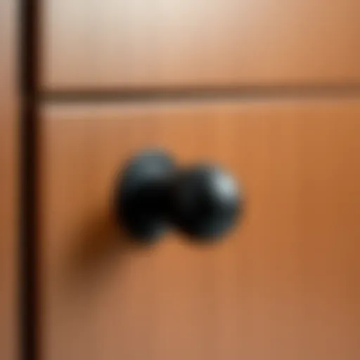 Sleek matte black drawer pull Sleek matte black drawer pull against a wooden cabinet