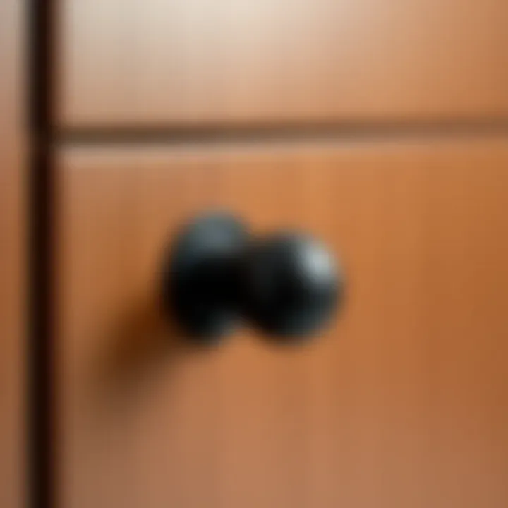 Sleek matte black drawer pull Sleek matte black drawer pull against a wooden cabinet