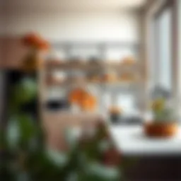 Elegant metal shelving unit showcasing kitchen organization