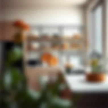 Elegant metal shelving unit showcasing kitchen organization