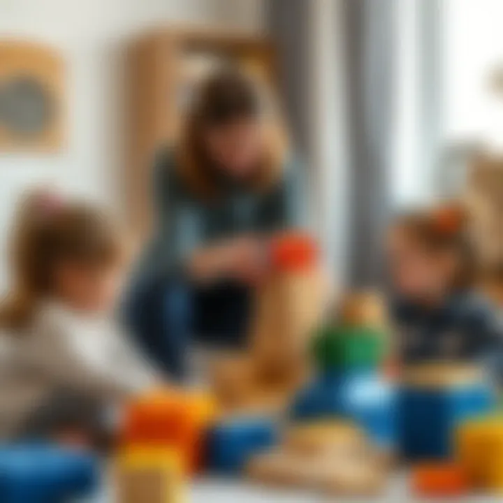An educator guiding children in building structures with foam blocks