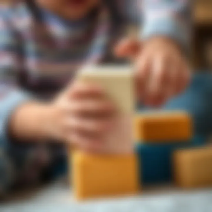 Close-up of a child's hands stacking foam blocks, showcasing tactile learning