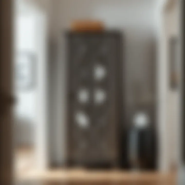 Intricate Door Design of Narrow Entryway Cabinet Stylish narrow entryway cabinet with intricate door details