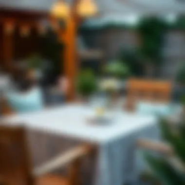 Tips and tricks for maintaining patio tablecloths, illustrated with cleaning supplies and techniques.