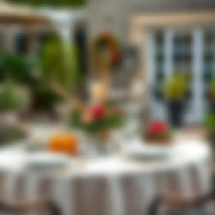 An elegant patio dining arrangement featuring seasonal decorations and a matching tablecloth.