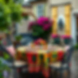 A beautifully set patio table adorned with a vibrant tablecloth, showcasing an inviting outdoor dining scene.