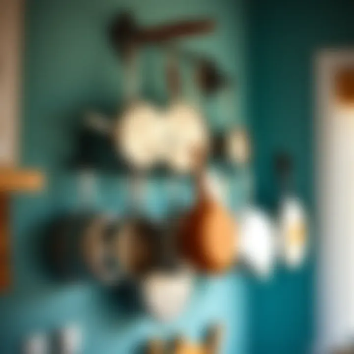 Artistic Display of Kitchen Cookware Tasteful arrangement of pots and pans on a wall hanger