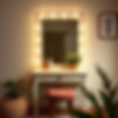 Charming small makeup vanity with decorative elements and lighting