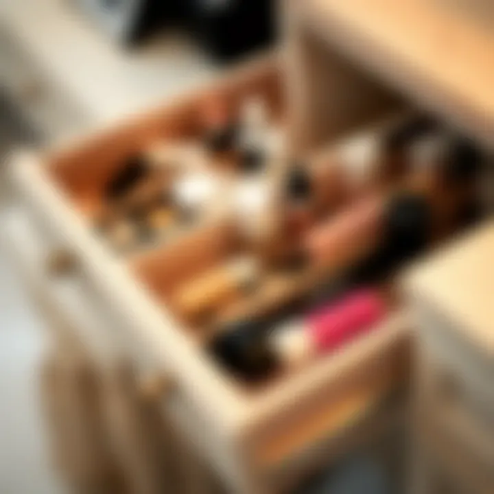 Close-up of small makeup vanity drawers filled with cosmetics