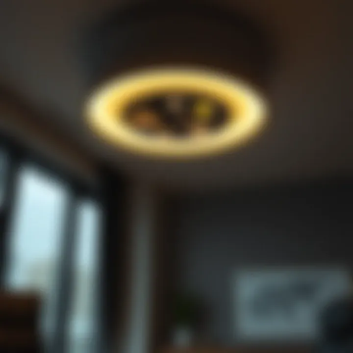 Celestial Design Ceiling Light in Contemporary Office A sleek, modern ceiling light with a celestial design in a contemporary office.