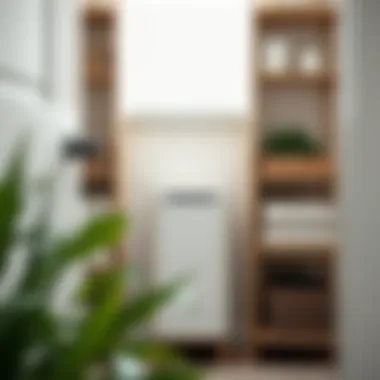 Organized space featuring a tall hamper with a sleek design