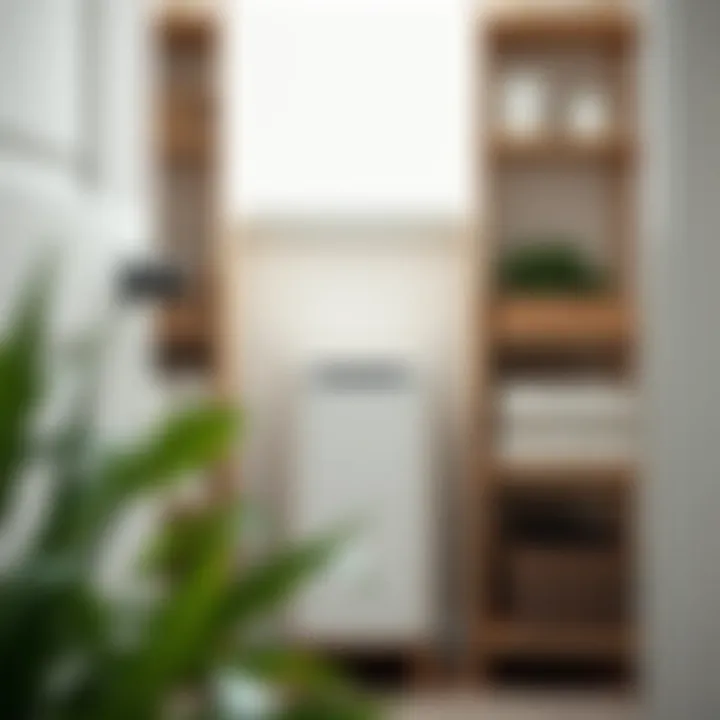 Organized space featuring a tall hamper with a sleek design