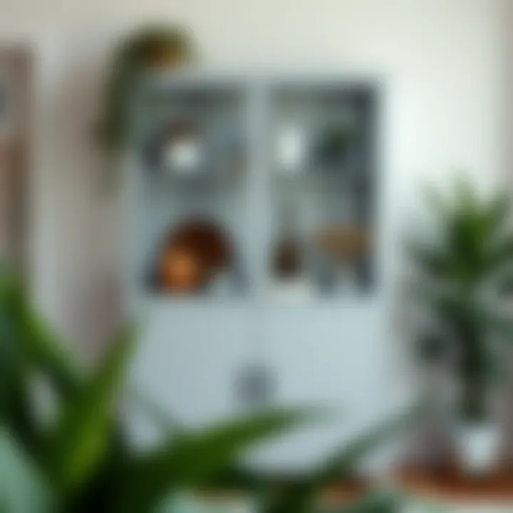 Tall metal cabinet styled with decorative items and plants