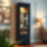 Stylish tall metal cabinet with glass doors showcasing interior decor