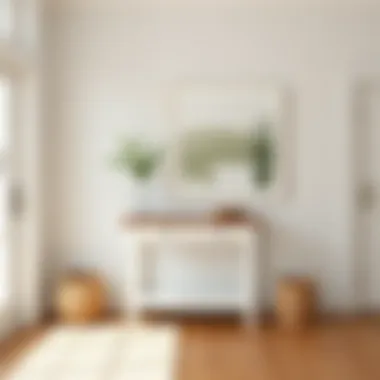 Minimalist entryway featuring a stylish white and wood table