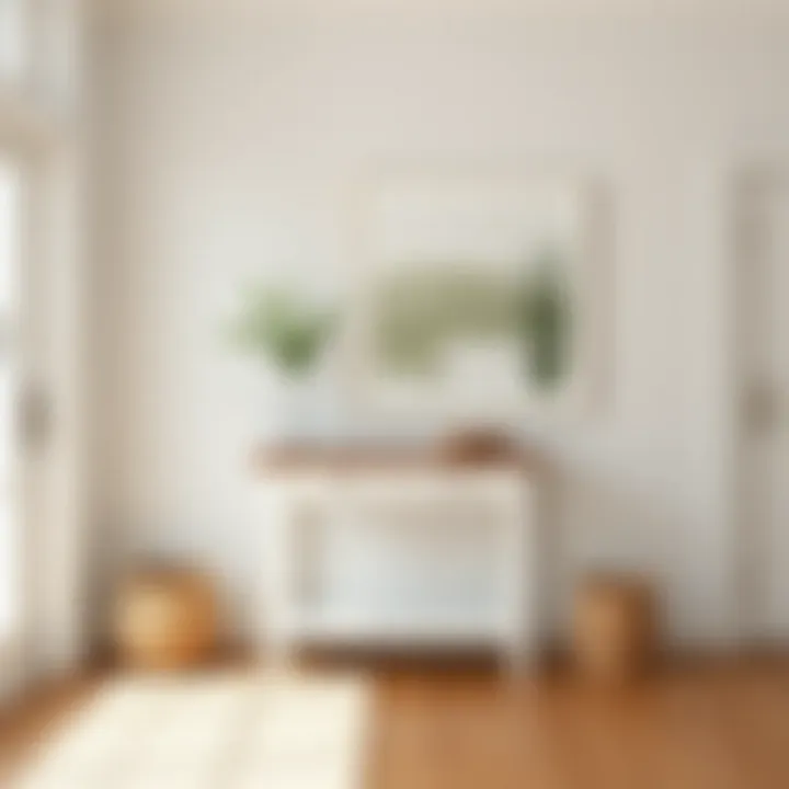 Minimalist entryway featuring a stylish white and wood table