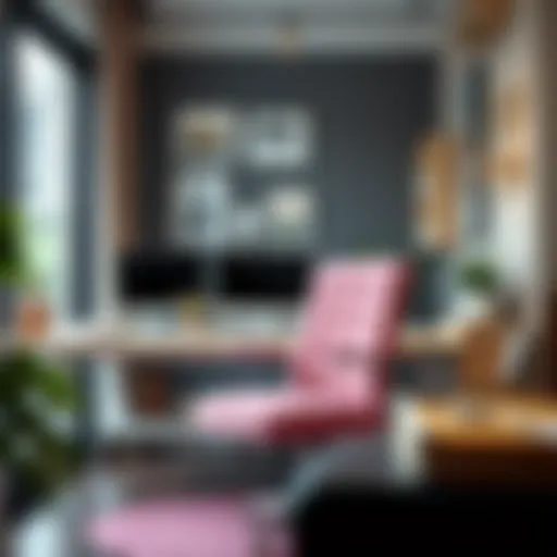 Stylish Workspace with Pink Velvet Chair Elegant pink velvet office chair with arms in a modern workspace