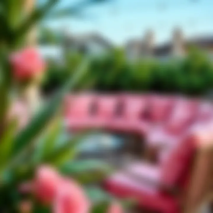 Stylish outdoor seating with pink accents