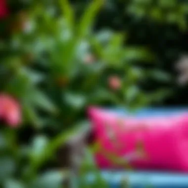 Vibrant Pink Cushion in Garden Setting Vibrant pink cushion surrounded by lush greenery