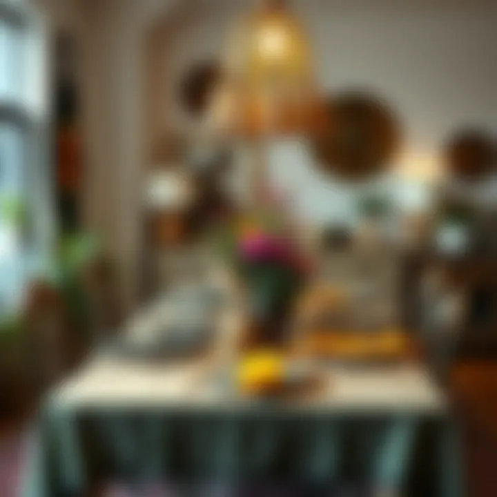 Eclectic Bohemian Dining Table Setting A beautifully styled bohemian dining table with colorful textiles and eclectic decor.