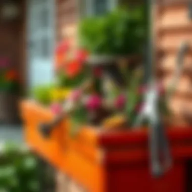 Maintenance tips for flower boxes, showcasing tools and plants