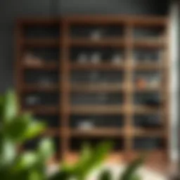 Elegant wooden standing wine rack with shelves showcasing various wine bottles