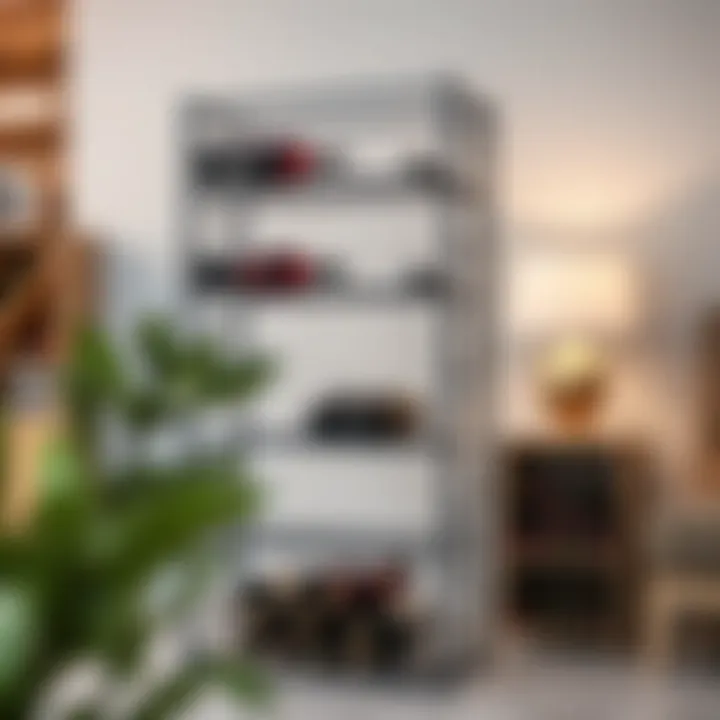 Modern metal standing wine rack with a sleek design and organized shelving