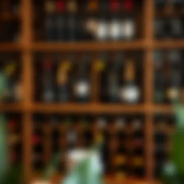 A variety of wine bottles displayed in a decorative standing wine rack with shelves