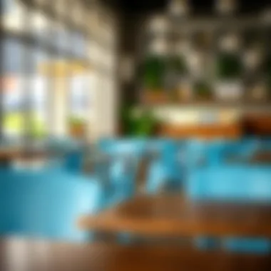 Functional Beauty: Blue Metal Chairs in a Cafe Arrangement of blue metal chairs in a cafe setting