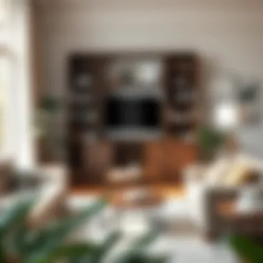 A charming living space featuring a stylish 42-inch bookshelf filled with decor items