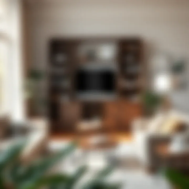 A charming living space featuring a stylish 42-inch bookshelf filled with decor items