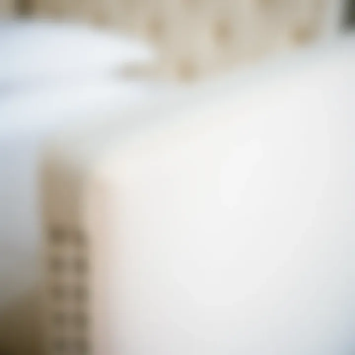Close-up of ivory fabric texture on a bed frame