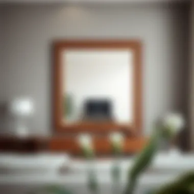 Elegant oblong mirror framed in rich wood showcased in a modern living room setting