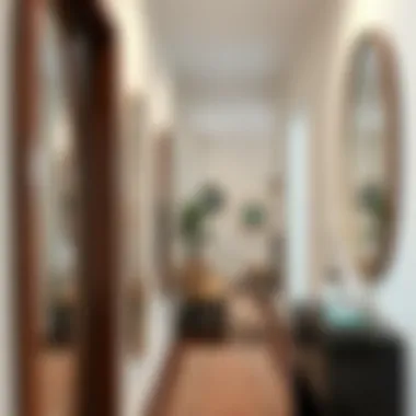 Stylish arrangement of oblong mirrors in various wood finishes enhancing a hallway