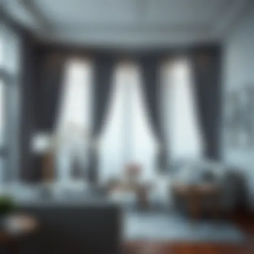 Luxurious Living Room with Gray Curtains Luxurious living room adorned with elegant gray curtains