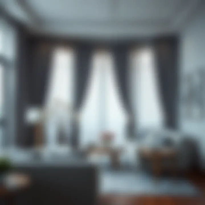 Luxurious Living Room with Gray Curtains Luxurious living room adorned with elegant gray curtains
