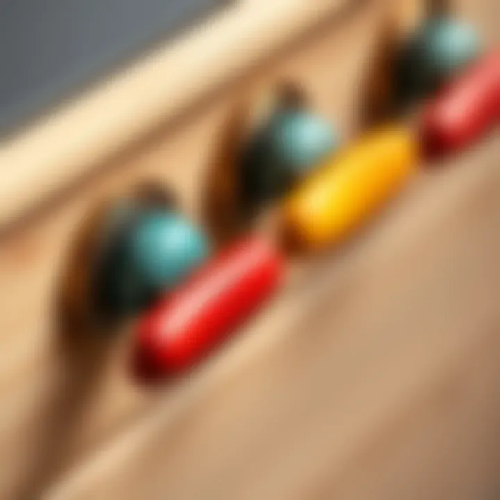 Close-up of unique colorful cabinet handles