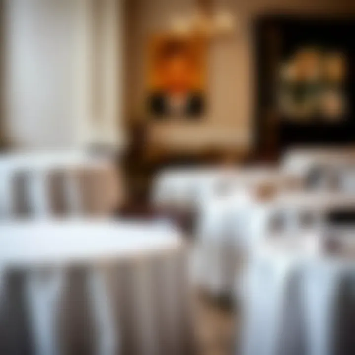 Price Options for White Round Tablecloths Different price tags displayed next to various white round tablecloths