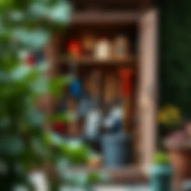 An outdoor garden cabinet filled with gardening tools and supplies