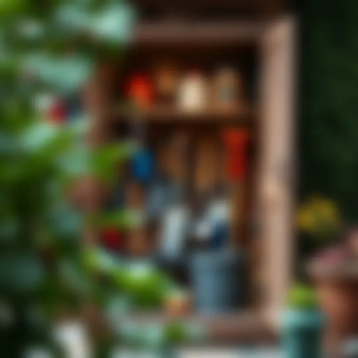 An outdoor garden cabinet filled with gardening tools and supplies
