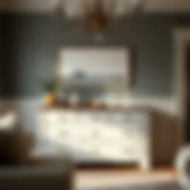 Elegant rustic white chest of drawers in a cozy living room setting